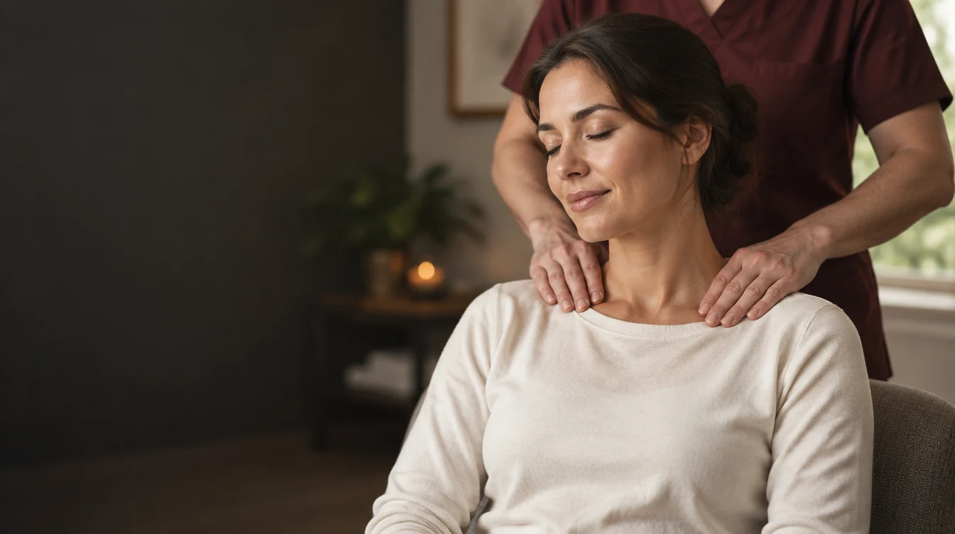 Entspannter Moment bei einer Schultermassage – KI-generiertes Stimmungsbild